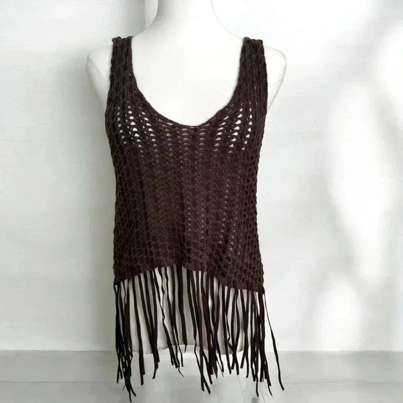 Y2K crochet western faux leather details  top coastal cowgirl boho S - Picture 1 of 4